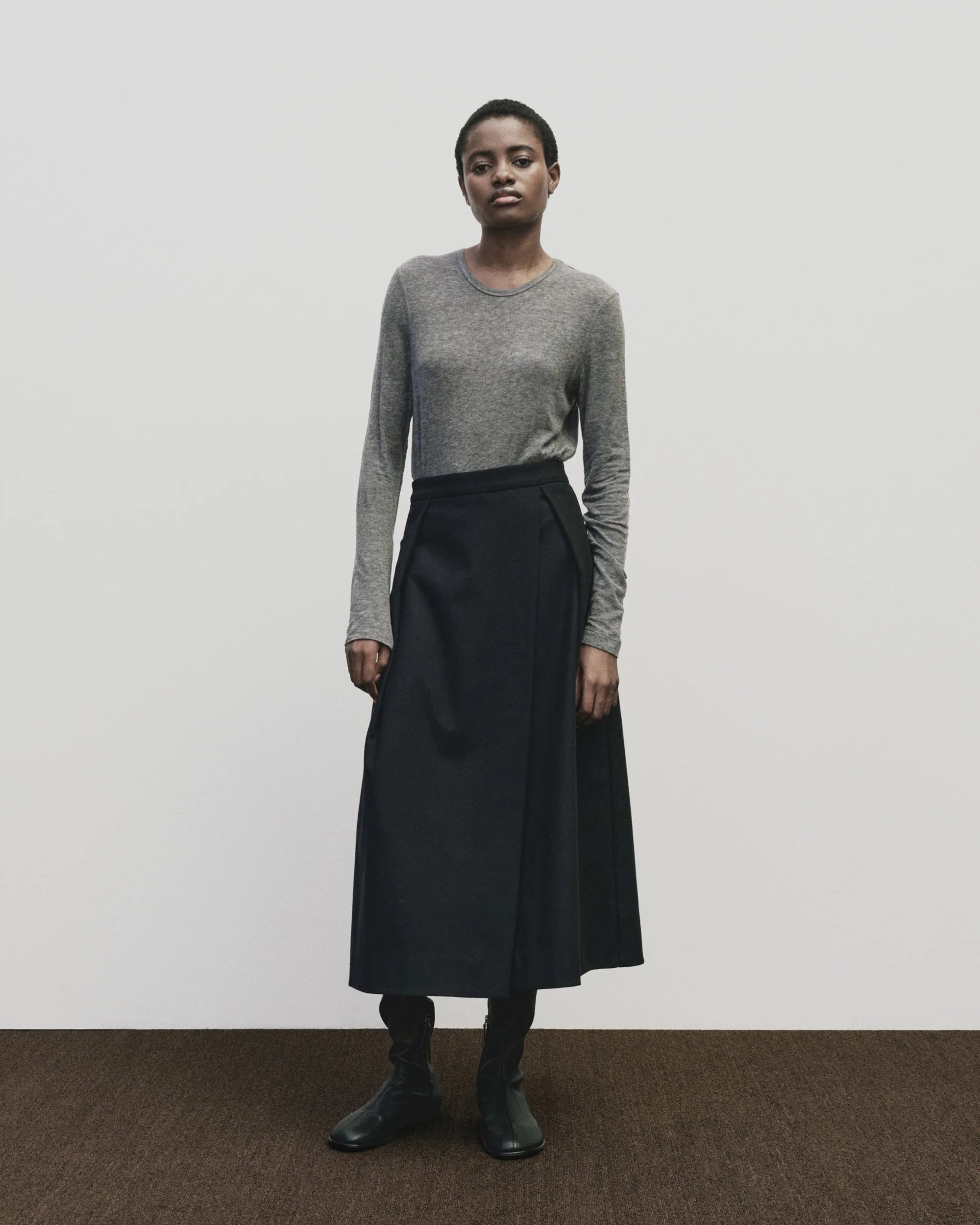 Wool Blend Pleated Midi Skirt in Navy, from Mijeong Park