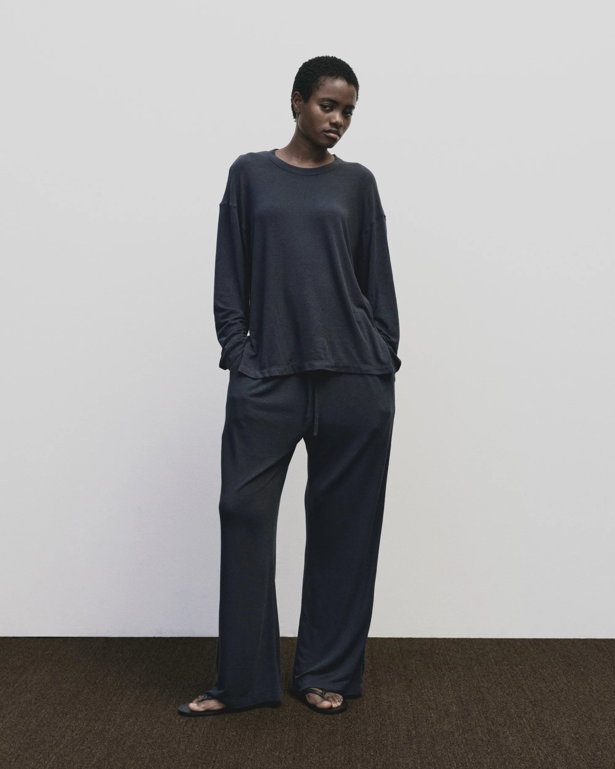 Wool Cotton Jersey Pants in Navy, from Mijeing Park