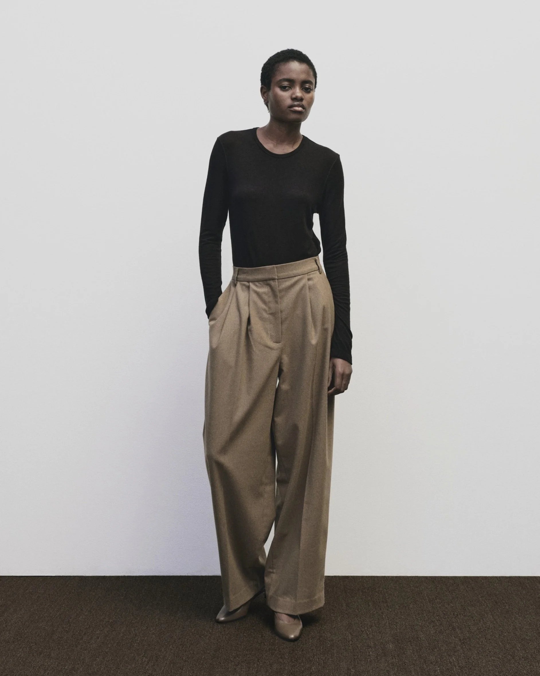Wool Blend Wide Leg Pants in Camel, from Mijeong Park